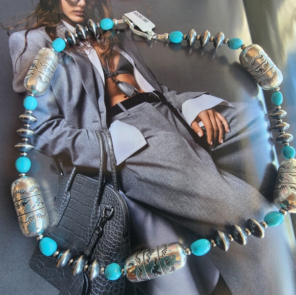 Sterling Silver and Turquoise Beaded Necklace Made In New Mexico 18 Inches - Picture 4 of 10